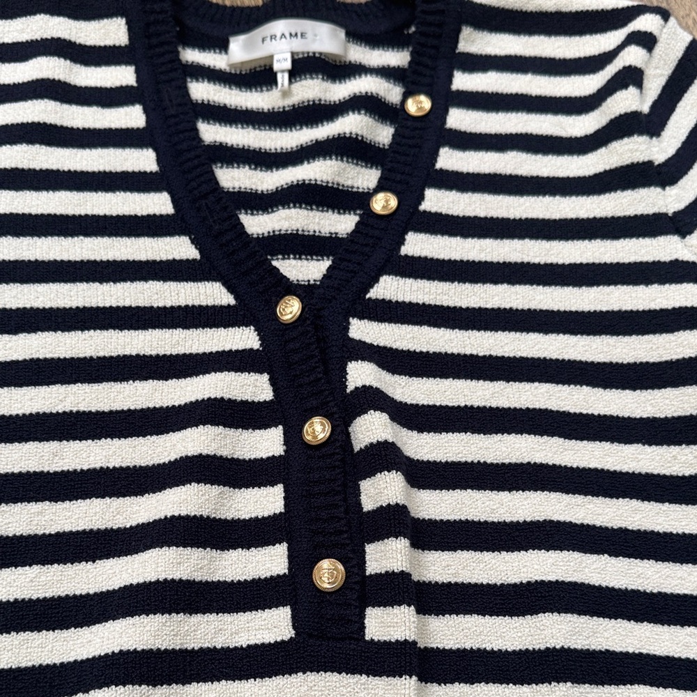 Frame Navy and White V-Neck Sweater with Gold Buttons - Picture 5 of 8